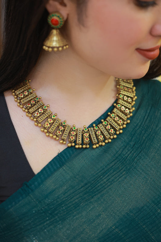 Terracotta Red Green Full Neck Choker Necklace with Jhumkas