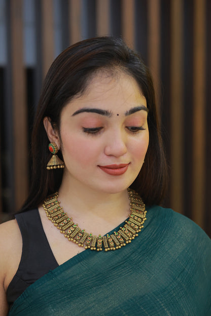 Terracotta Red Green Full Neck Choker Necklace with Jhumkas