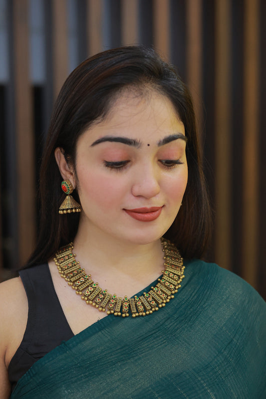 Terracotta Red Green Full Neck Choker Necklace with Jhumkas