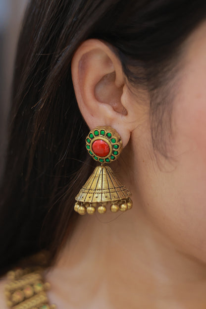 Terracotta Red Green Full Neck Choker Necklace with Jhumkas