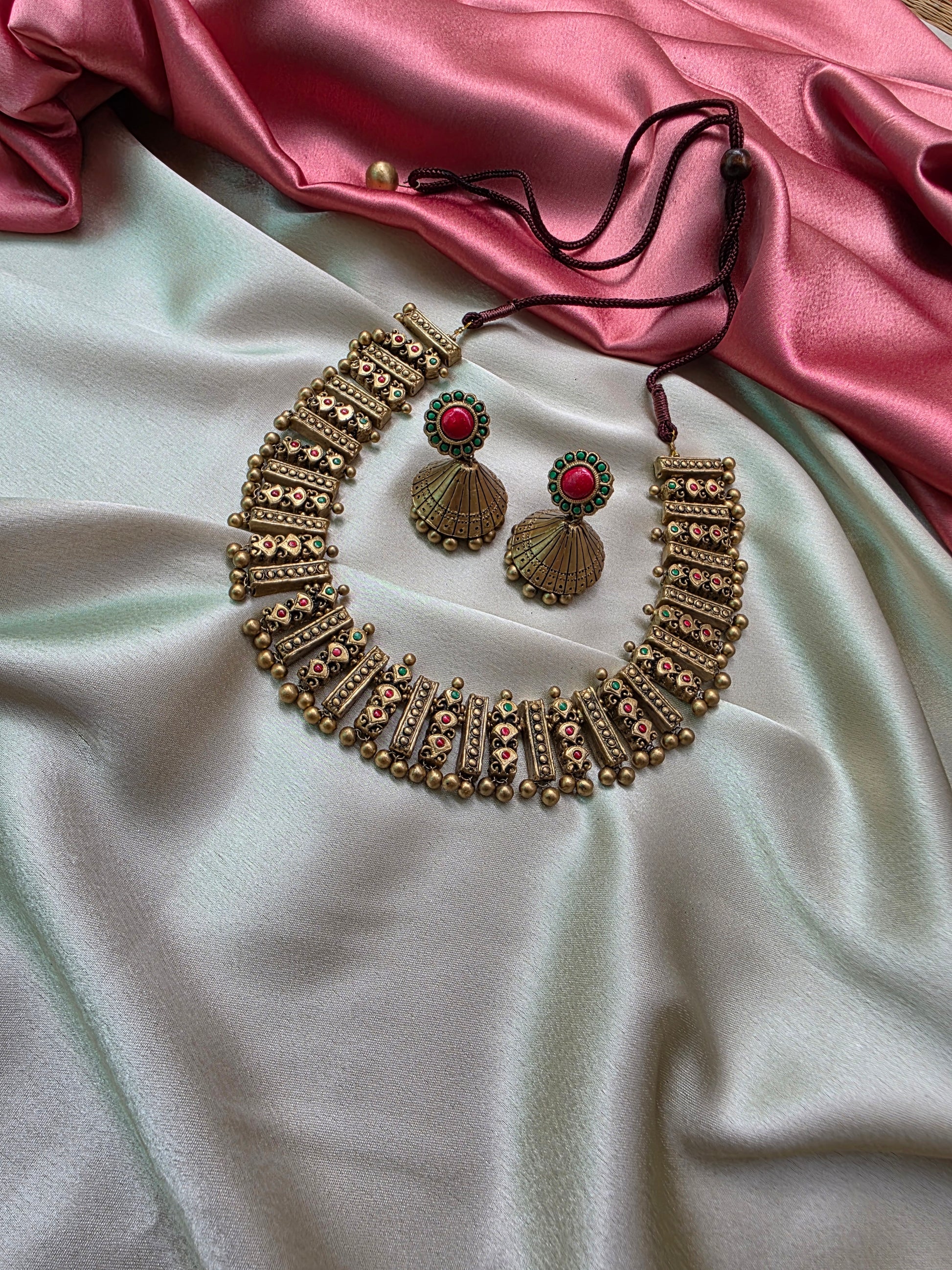 Terracotta Red Green Full Neck Choker Necklace with Jhumkas