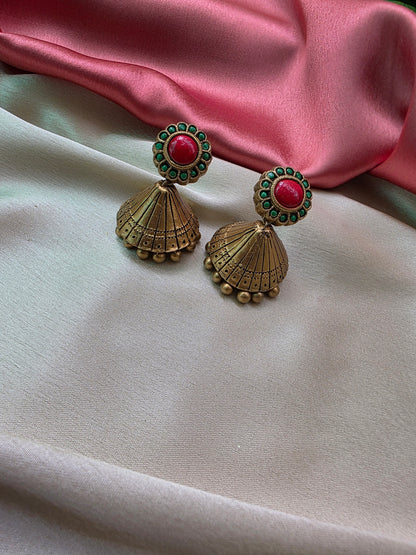 Terracotta Red Green Full Neck Choker Necklace with Jhumkas
