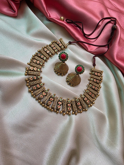 Terracotta Red Green Full Neck Choker Necklace with Jhumkas