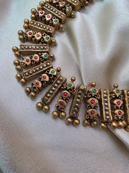 Terracotta Red Green Full Neck Choker Necklace with Jhumkas