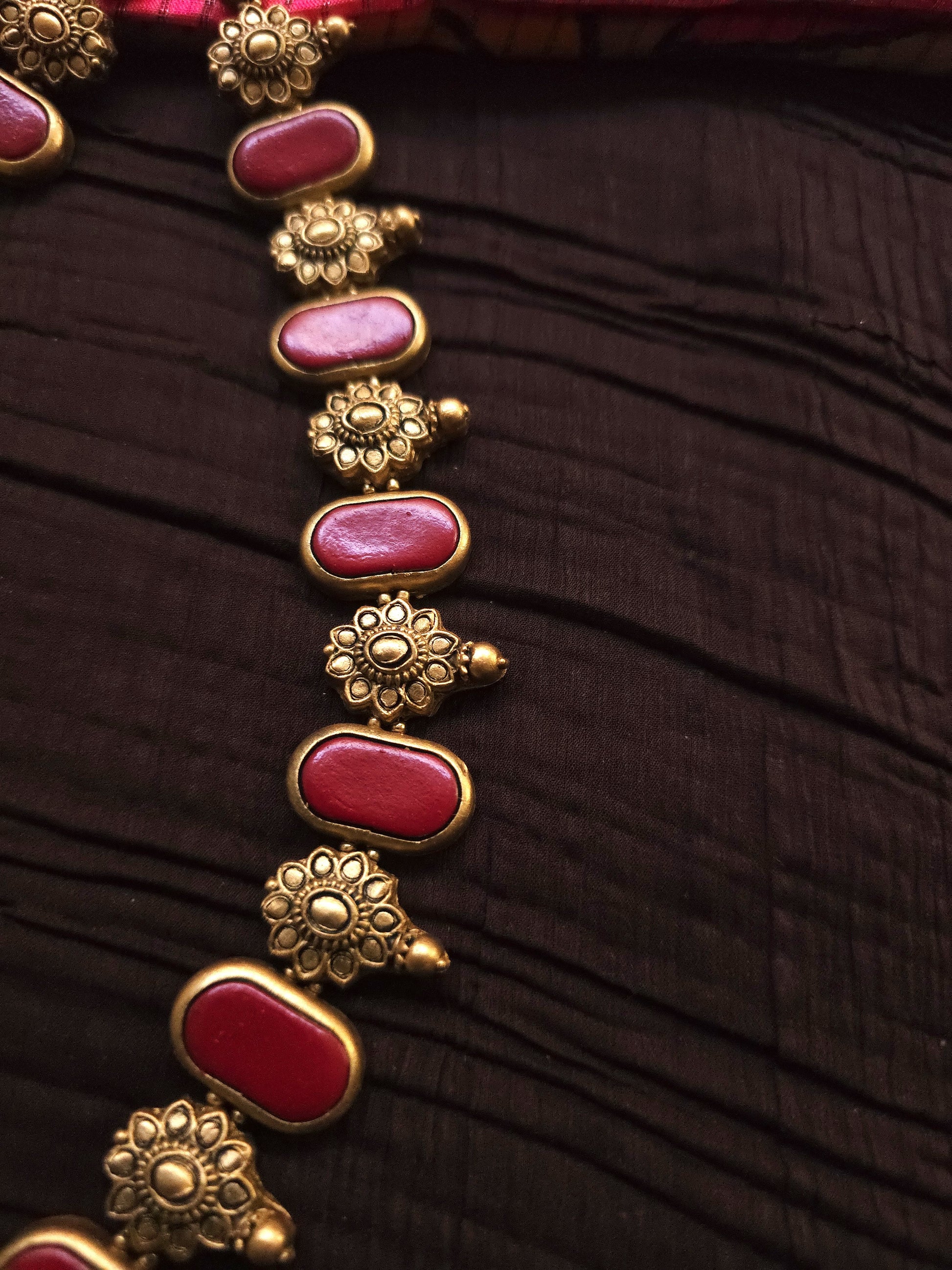 Tirupati Balaji Antique Gold Crimson & Emerald Accent Terracotta Temple Set
